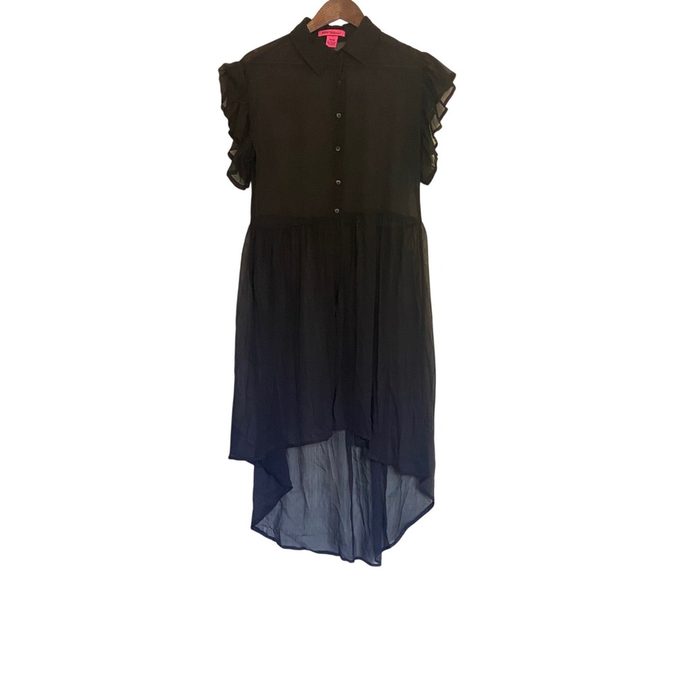 Betsey Johnson Black Sheer High Low Ruffle Sleeve Button Front Tunic OSFM NWT